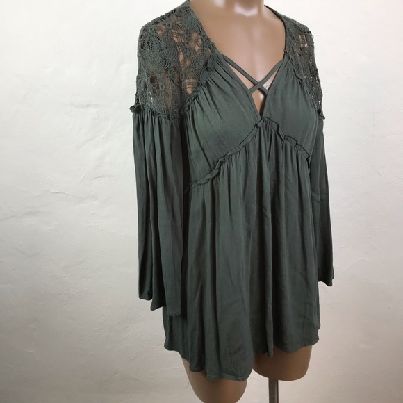entro Tops - ENTRO Olive GREEN Rayon Lace RUFFLED Top TUNIC